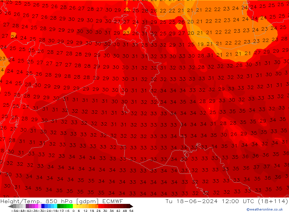 Height/Temp. 850 hPa ECMWF Tu 18.06.2024 12 UTC