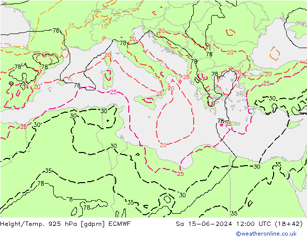 Geop./Temp. 925 hPa ECMWF sáb 15.06.2024 12 UTC