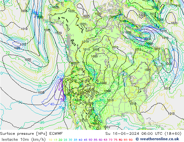 Isotaca (kph) ECMWF dom 16.06.2024 06 UTC