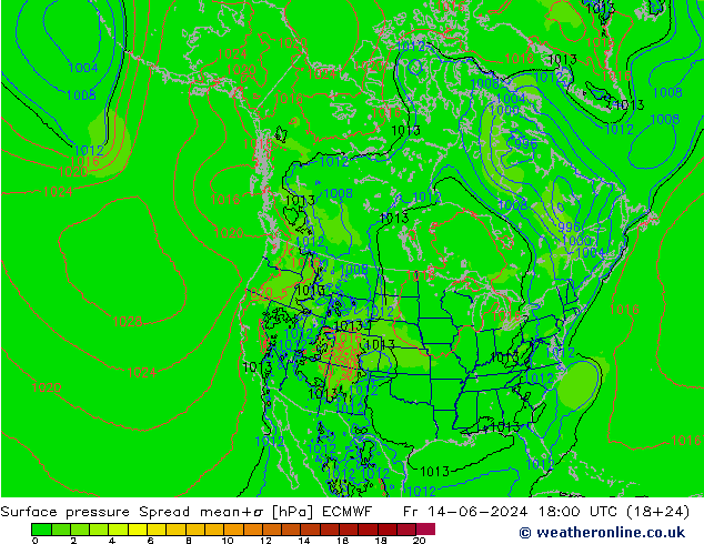 Surface pressure Spread ECMWF Fr 14.06.2024 18 UTC