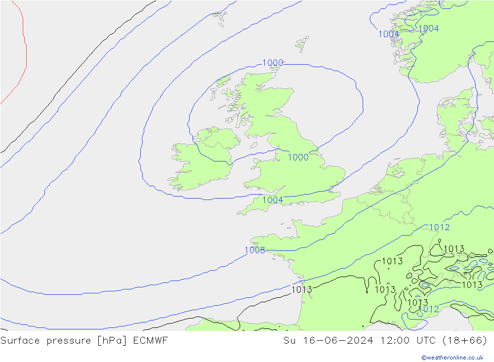 Atmosférický tlak ECMWF Ne 16.06.2024 12 UTC