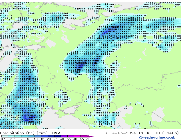 Precipitation (6h) ECMWF Pá 14.06.2024 00 UTC