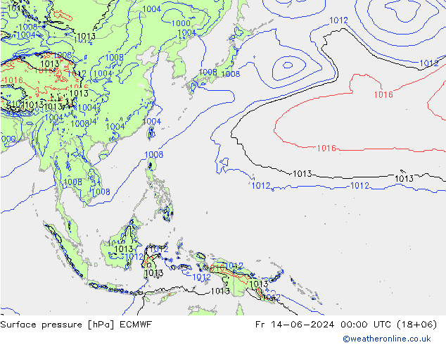 Presión superficial ECMWF vie 14.06.2024 00 UTC