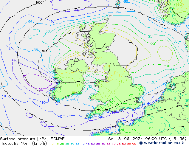 Isotachs (kph) ECMWF Sa 15.06.2024 06 UTC