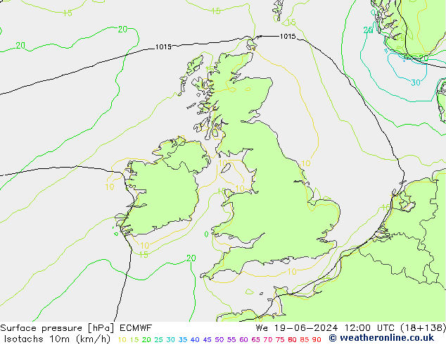 Izotacha (km/godz) ECMWF śro. 19.06.2024 12 UTC