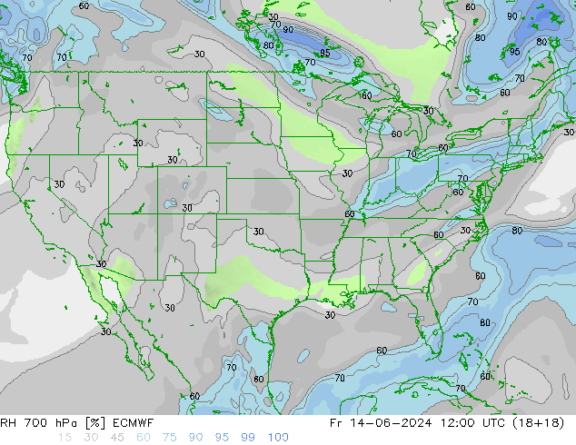 RH 700 hPa ECMWF Fr 14.06.2024 12 UTC