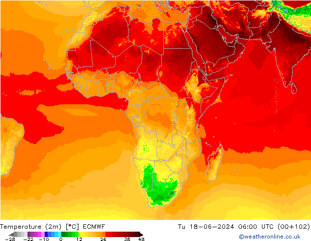 mapa temperatury (2m) ECMWF wto. 18.06.2024 06 UTC