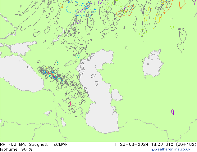 RH 700 hPa Spaghetti ECMWF Th 20.06.2024 18 UTC