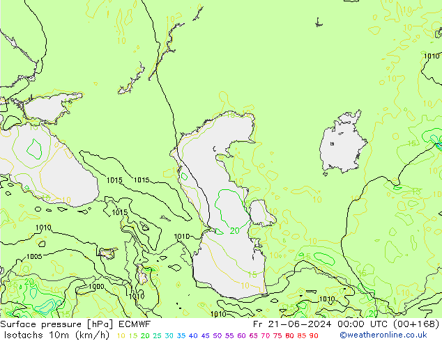 Isotachs (kph) ECMWF ven 21.06.2024 00 UTC