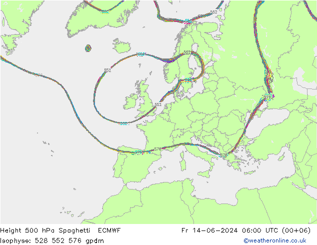 Height 500 hPa Spaghetti ECMWF Fr 14.06.2024 06 UTC