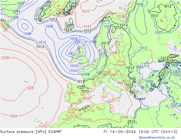 Surface pressure ECMWF Fr 14.06.2024 12 UTC