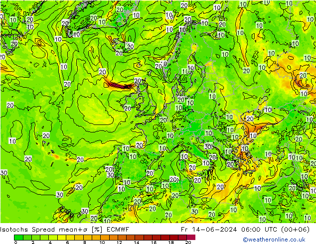 Isotachs Spread ECMWF Pá 14.06.2024 06 UTC