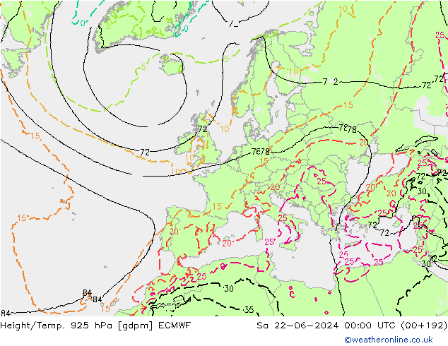 Height/Temp. 925 hPa ECMWF sab 22.06.2024 00 UTC