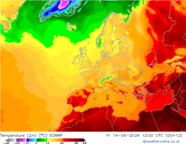 mapa temperatury (2m) ECMWF pt. 14.06.2024 12 UTC