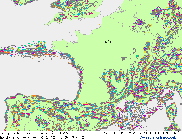 Temperature 2m Spaghetti ECMWF Su 16.06.2024 00 UTC