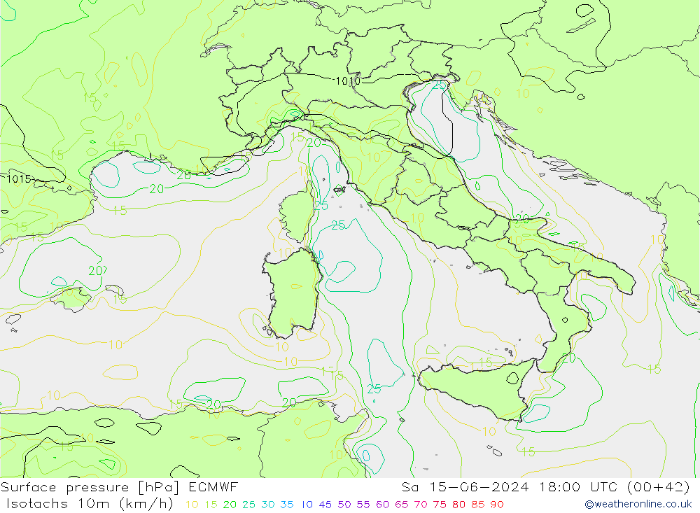 Isotachs (kph) ECMWF Sa 15.06.2024 18 UTC