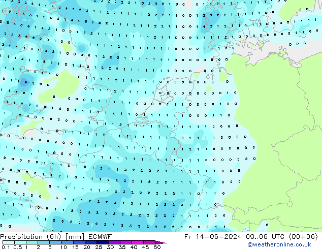 Precipitation (6h) ECMWF Fr 14.06.2024 06 UTC