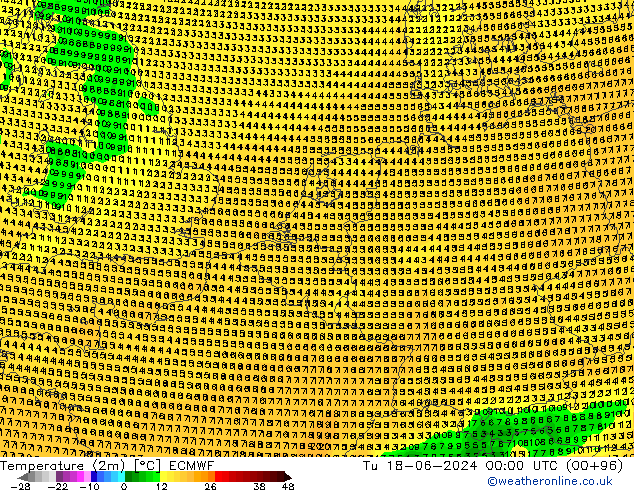 Temperatuurkaart (2m) ECMWF di 18.06.2024 00 UTC