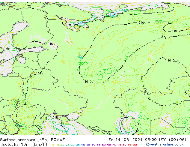 Isotachs (kph) ECMWF Pá 14.06.2024 06 UTC