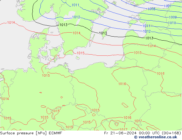 Presión superficial ECMWF vie 21.06.2024 00 UTC