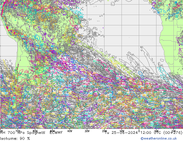 RH 700 hPa Spaghetti ECMWF  25.06.2024 12 UTC