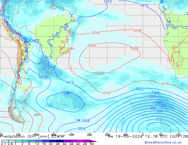 Precipitation (6h) ECMWF We 19.06.2024 18 UTC