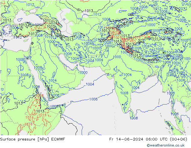 Presión superficial ECMWF vie 14.06.2024 06 UTC