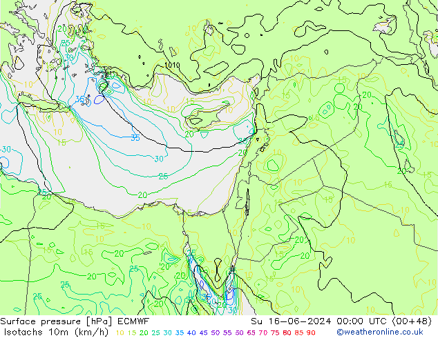 Isotachs (kph) ECMWF dim 16.06.2024 00 UTC