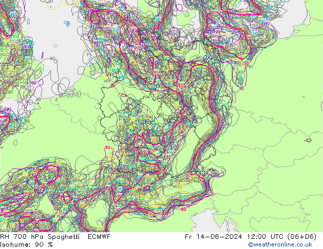 RH 700 hPa Spaghetti ECMWF 星期五 14.06.2024 12 UTC