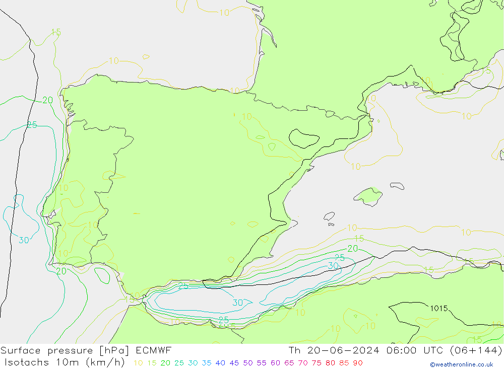 Isotachen (km/h) ECMWF do 20.06.2024 06 UTC