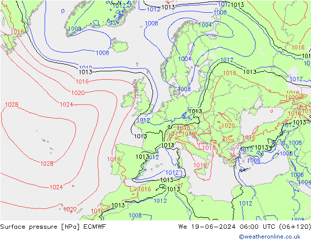Presión superficial ECMWF mié 19.06.2024 06 UTC