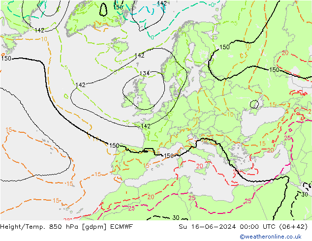 Height/Temp. 850 hPa ECMWF So 16.06.2024 00 UTC