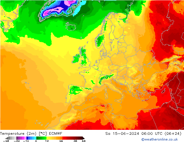 mapa temperatury (2m) ECMWF so. 15.06.2024 06 UTC