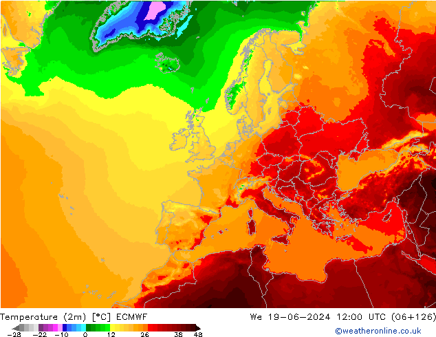 Temperatura (2m) ECMWF mer 19.06.2024 12 UTC