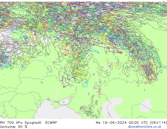 RH 700 hPa Spaghetti ECMWF We 19.06.2024 00 UTC
