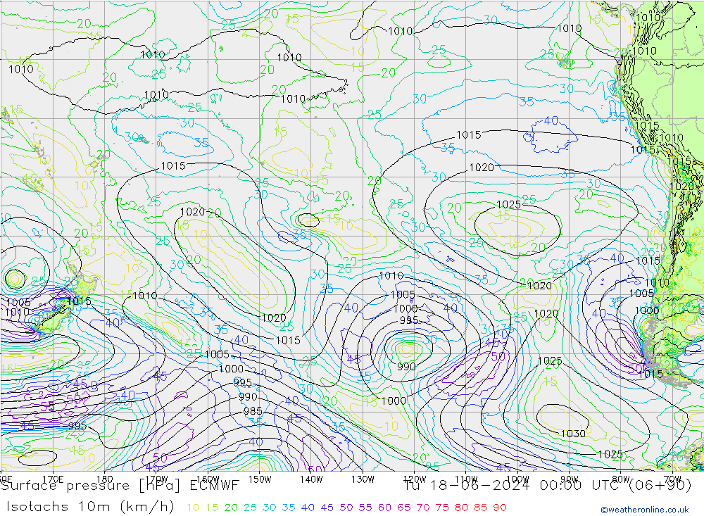 Isotachs (kph) ECMWF Tu 18.06.2024 00 UTC