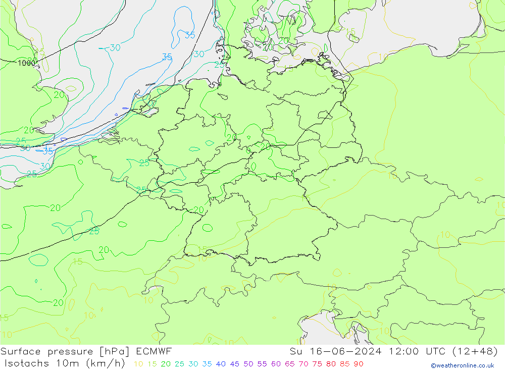 Isotachs (kph) ECMWF Ne 16.06.2024 12 UTC