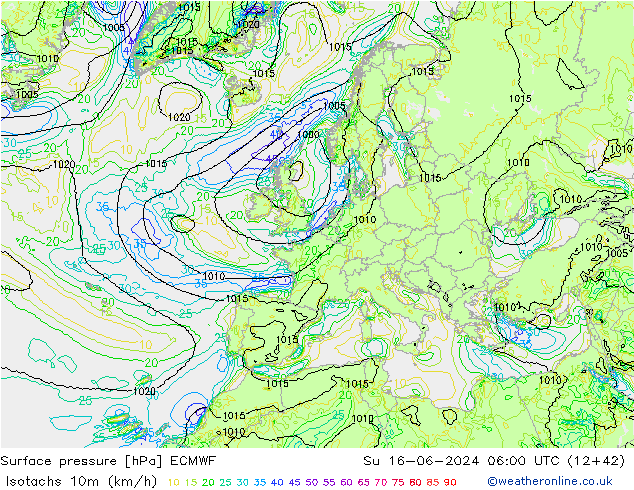 Isotachs (kph) ECMWF Su 16.06.2024 06 UTC