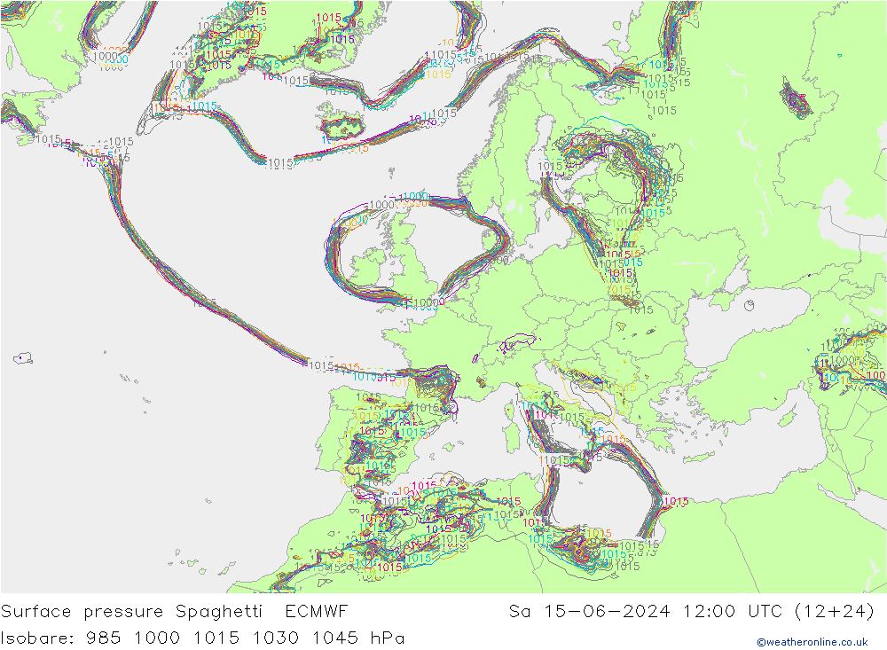 Surface pressure Spaghetti ECMWF Sa 15.06.2024 12 UTC