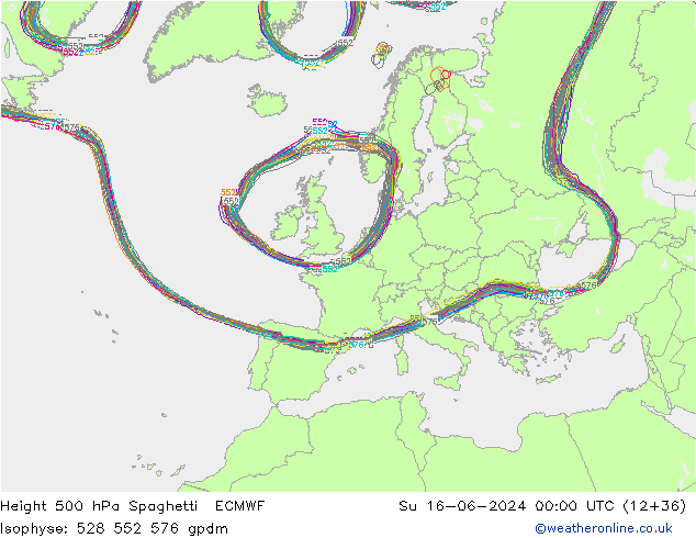 Height 500 hPa Spaghetti ECMWF Su 16.06.2024 00 UTC