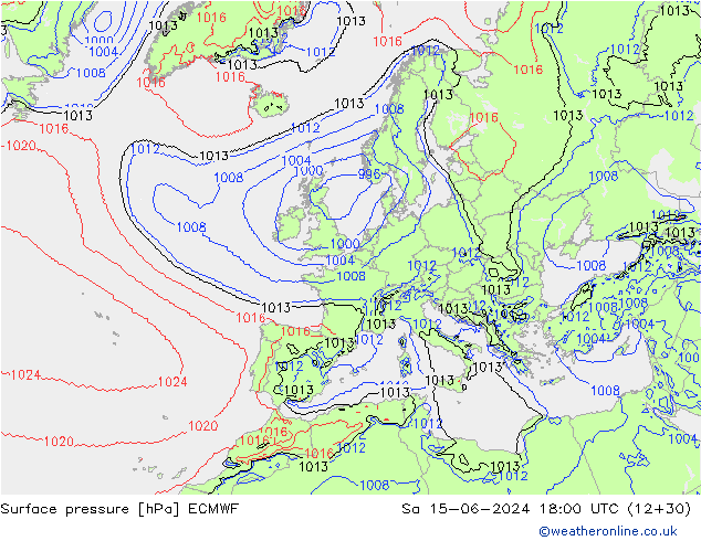 Presión superficial ECMWF sáb 15.06.2024 18 UTC