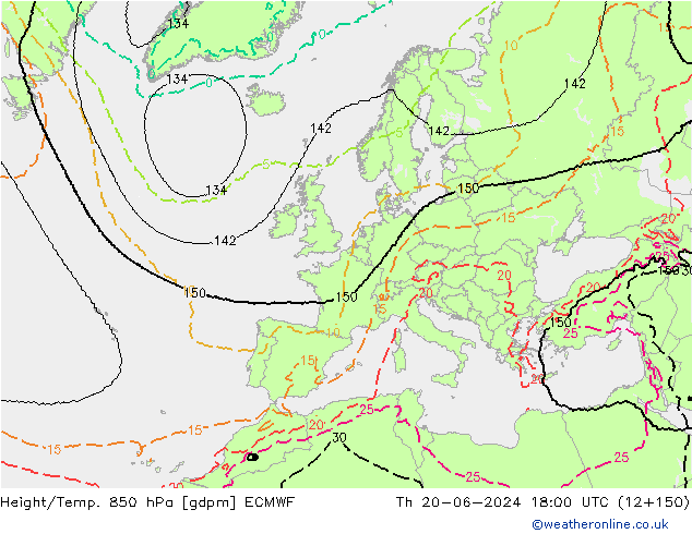 Height/Temp. 850 гПа ECMWF чт 20.06.2024 18 UTC