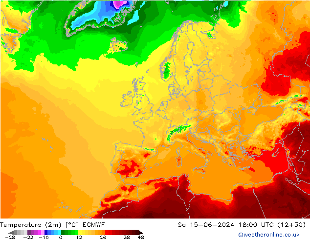 Temperature (2m) ECMWF Sa 15.06.2024 18 UTC