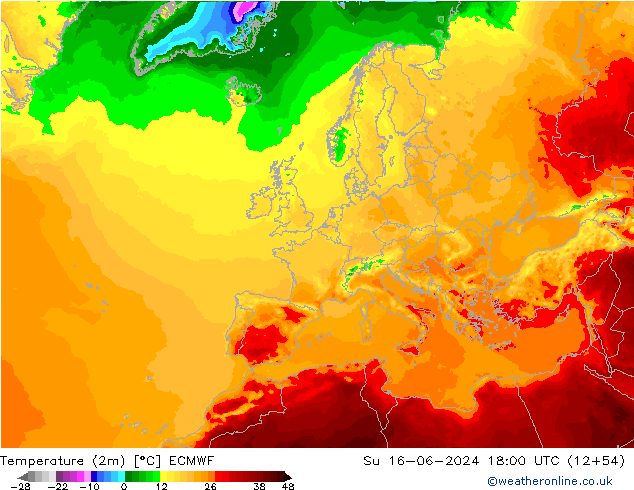 Temperatura (2m) ECMWF dom 16.06.2024 18 UTC