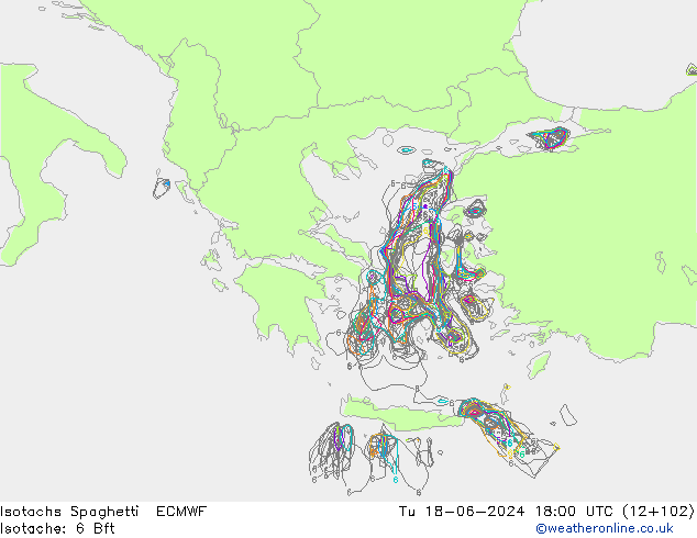 Isotachs Spaghetti ECMWF Út 18.06.2024 18 UTC