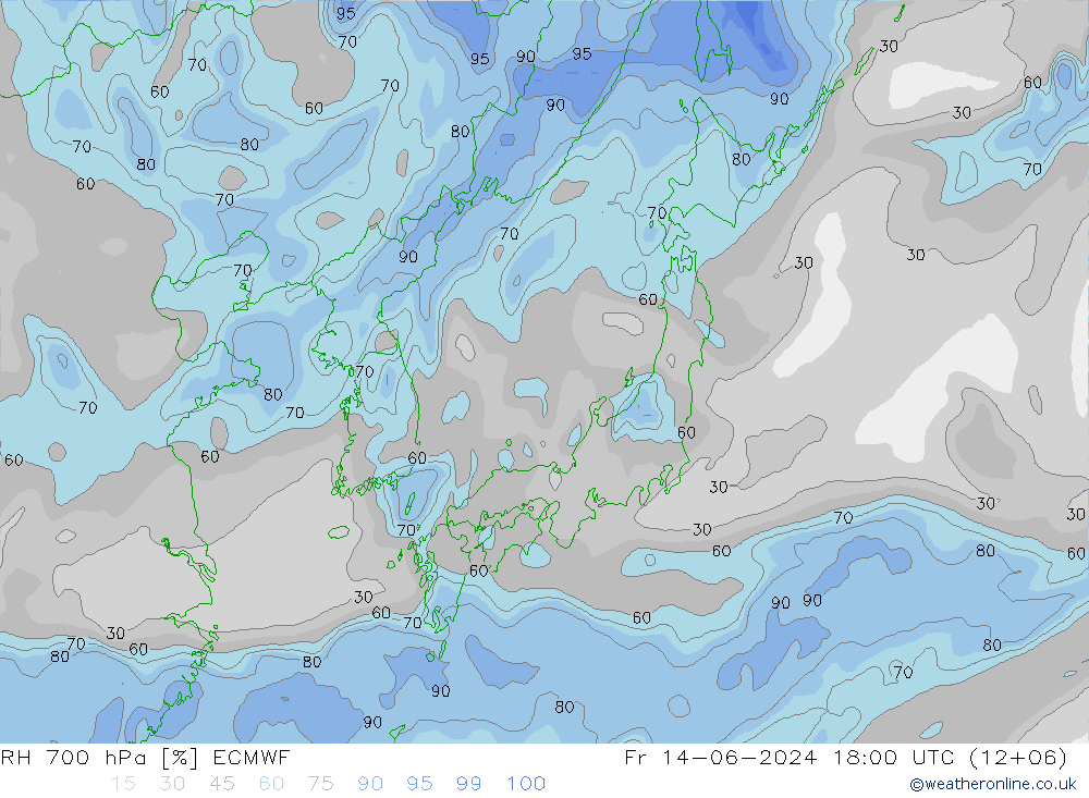 RH 700 hPa ECMWF Fr 14.06.2024 18 UTC