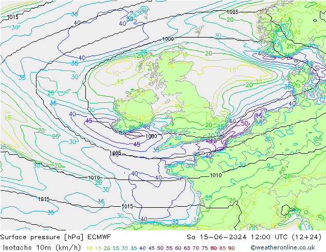 Isotachen (km/h) ECMWF za 15.06.2024 12 UTC