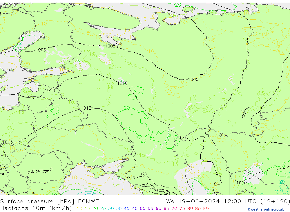 Isotachs (kph) ECMWF mer 19.06.2024 12 UTC