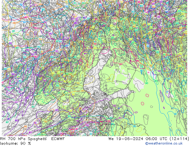 RH 700 hPa Spaghetti ECMWF Mi 19.06.2024 06 UTC