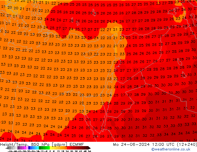 Height/Temp. 850 hPa ECMWF Mo 24.06.2024 12 UTC